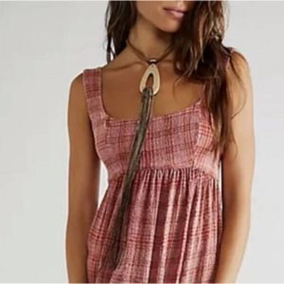 Free People Lily Anne Maxi Dress Plaid Ruffle Hem BackTie Rose Terracotta M - Picture 3 of 15